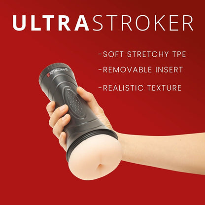 Hand holding a black UltraStroker product against a red background with text highlighting features.