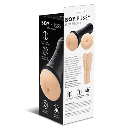 Product packaging for 'Boy Pussy Ultra Stroker' with black and beige design on a white background.