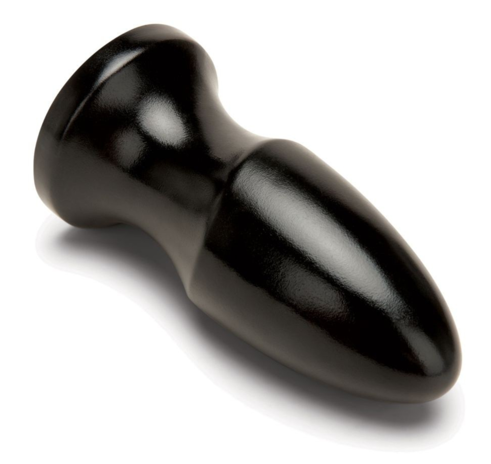 Black rubber butt plug on a white background