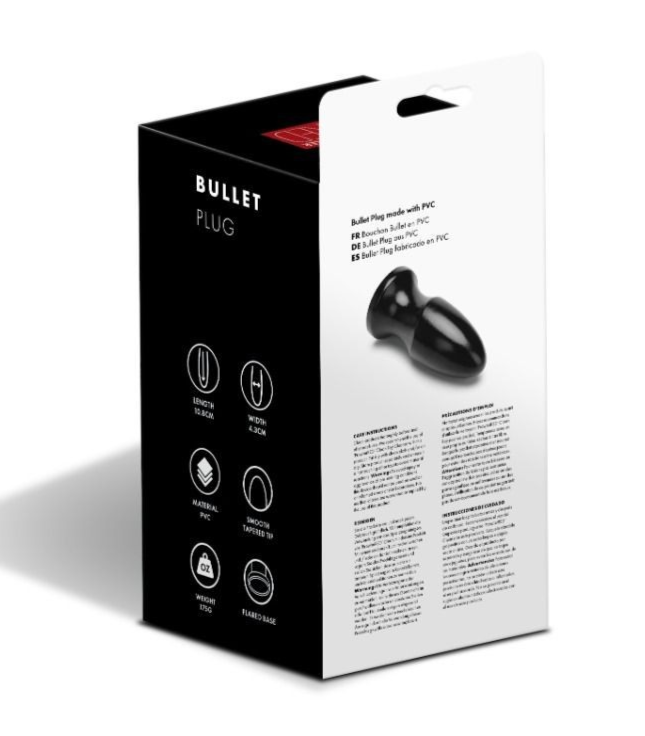 Box packaging of a 'Bullet Plug' with product image and text on a white background