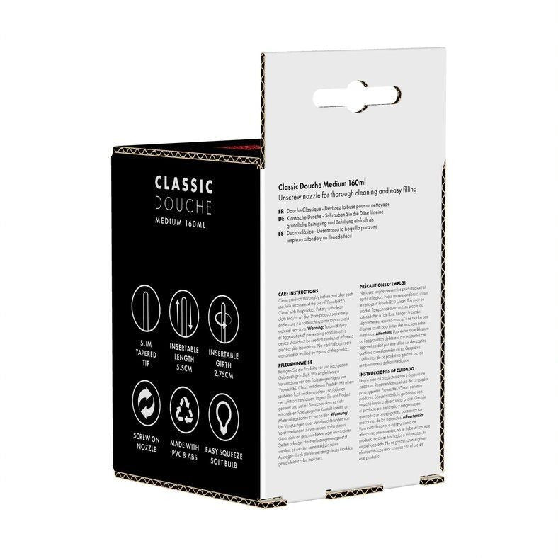 Product packaging for 'Classic Douche' with text and icons on a white background