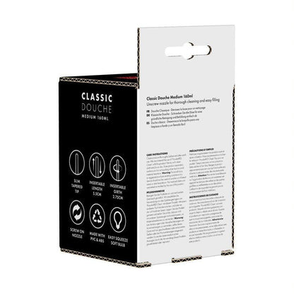 Product packaging for 'Classic Douche' with text and icons on a white background