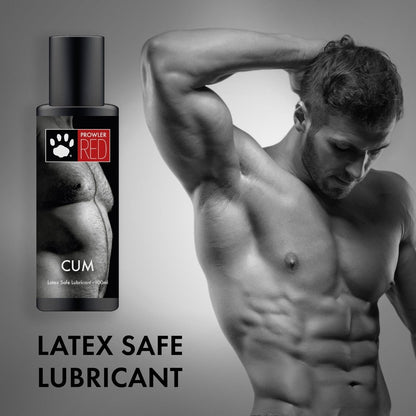 Man with a shirtless torso next to a bottle of ProWker RED Cum latex safe lubricant on a gray background.