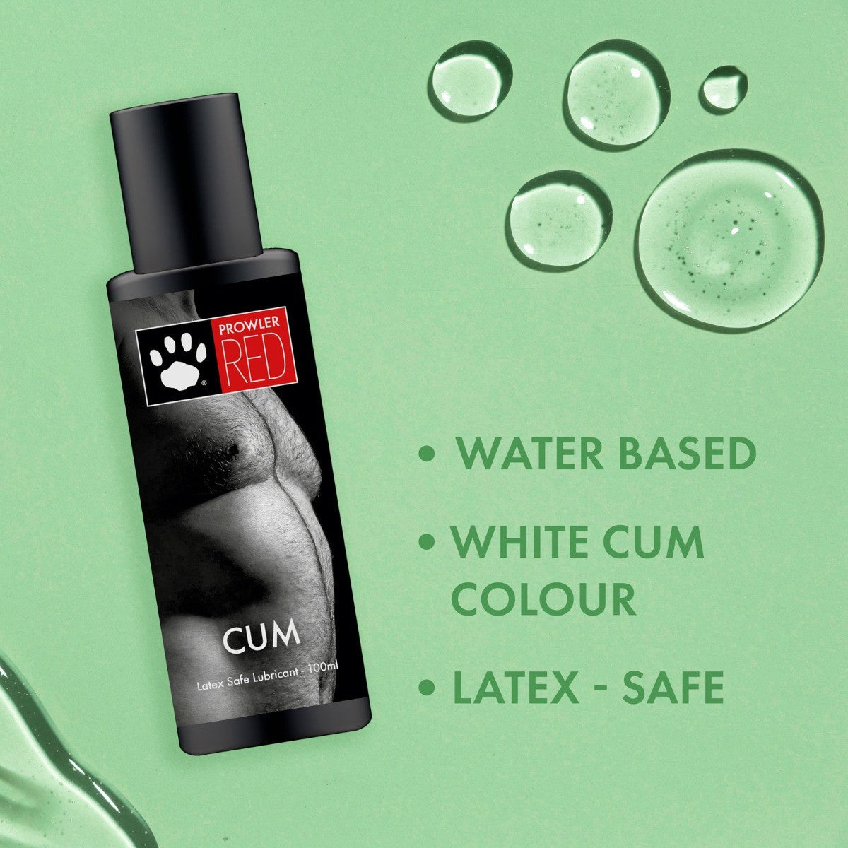 Bottle of Prowler Red lubricant on a green background with product details.