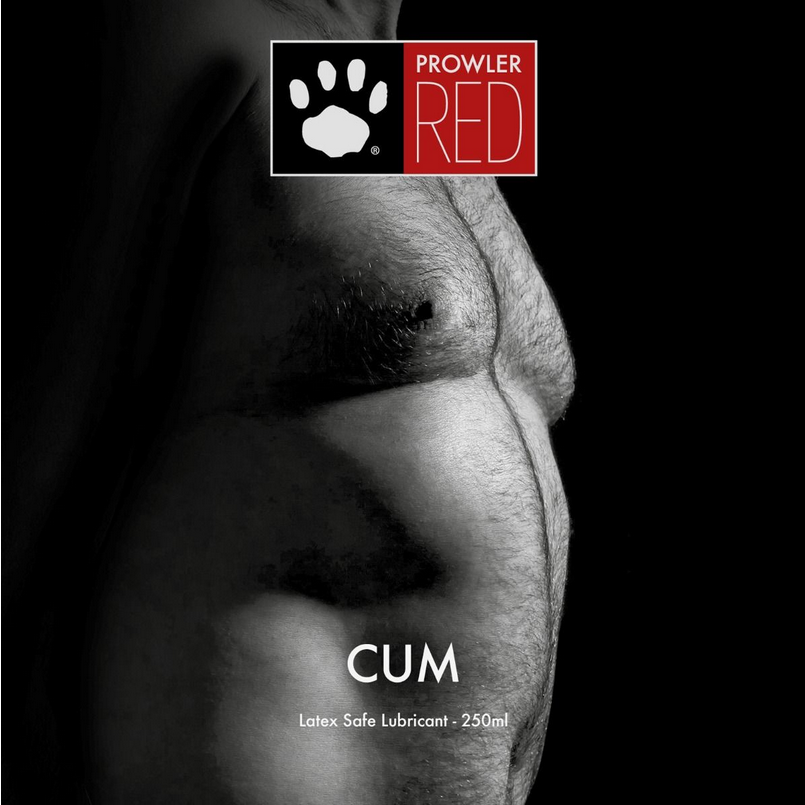 Product packaging for 'Prowler Red' with a black and white image of a person's torso and the word 'CUM'.