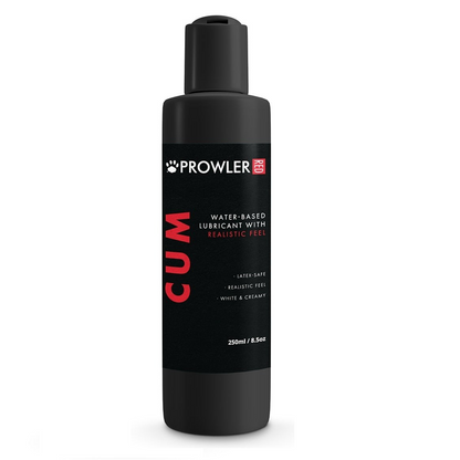 Black bottle of Prowler Cum water-based lubricant on a white background