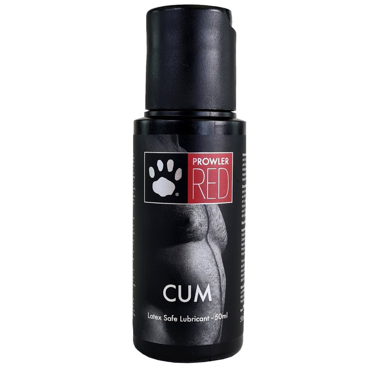 Bottle of Prowler Red Cum lubricant on a white background