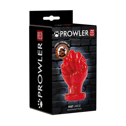 Red fist-shaped object in a black Prowler packaging with a brick wall background