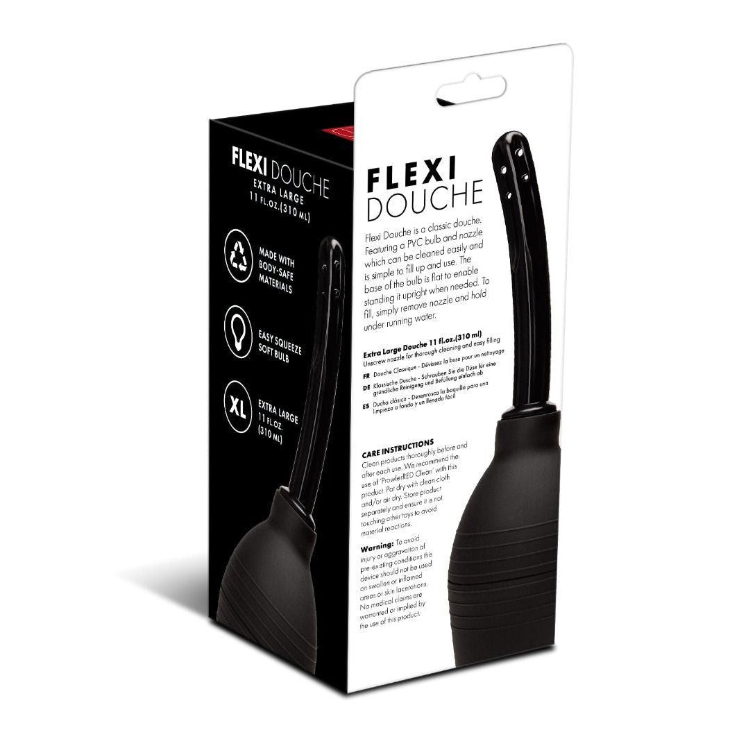 Flexi Douche packaging with black douche and product details on a white background