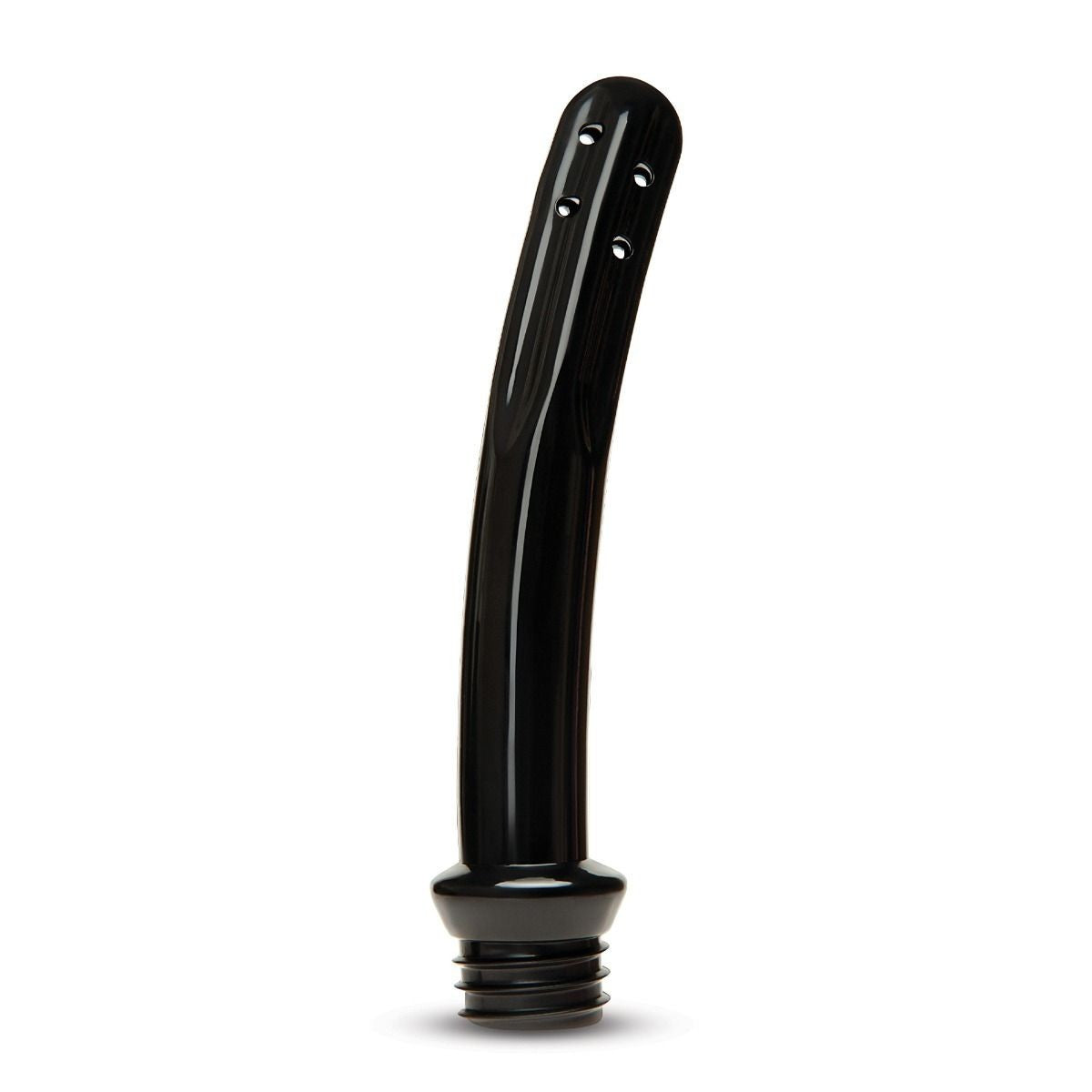 Black cylindrical anal douche nozzle with holes on a white background
