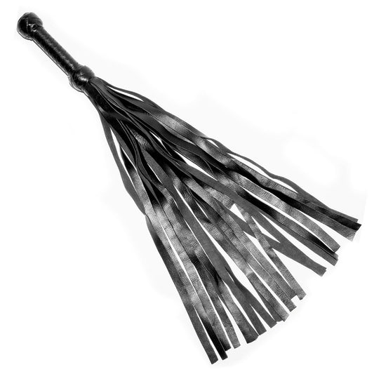 Black leather flogger on a white background