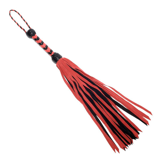 Red and black flogger on a white background