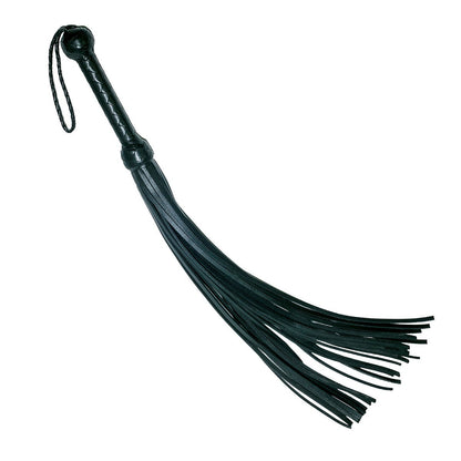 Black leather flogger on a white background