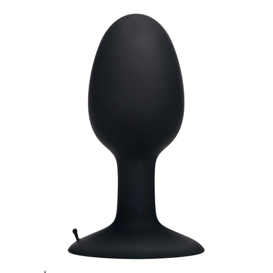 Black silicone butt plug on a white background