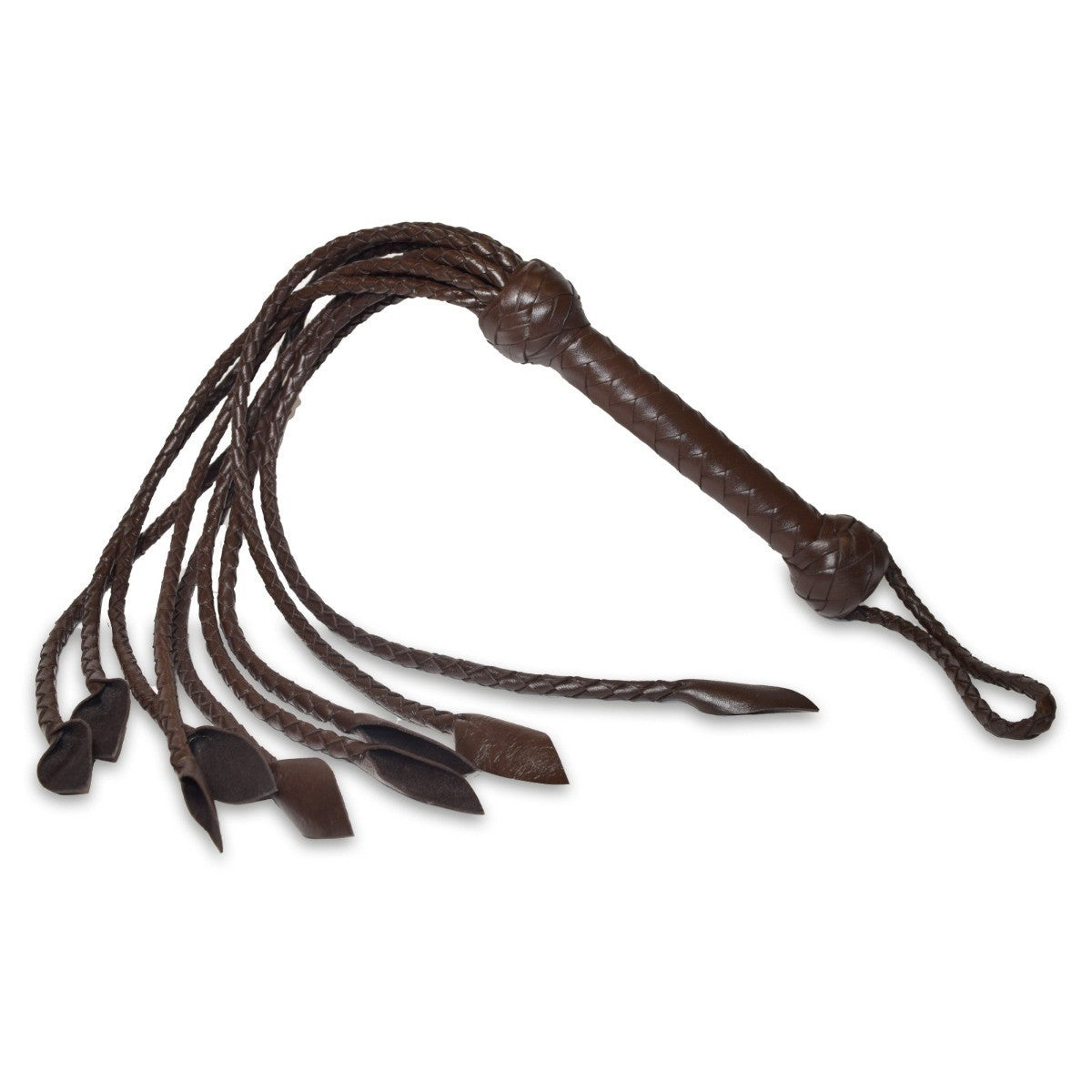 Brown leather whip on a white background