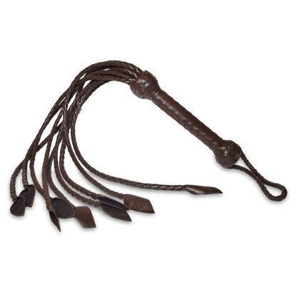 Brown leather whip on a white background