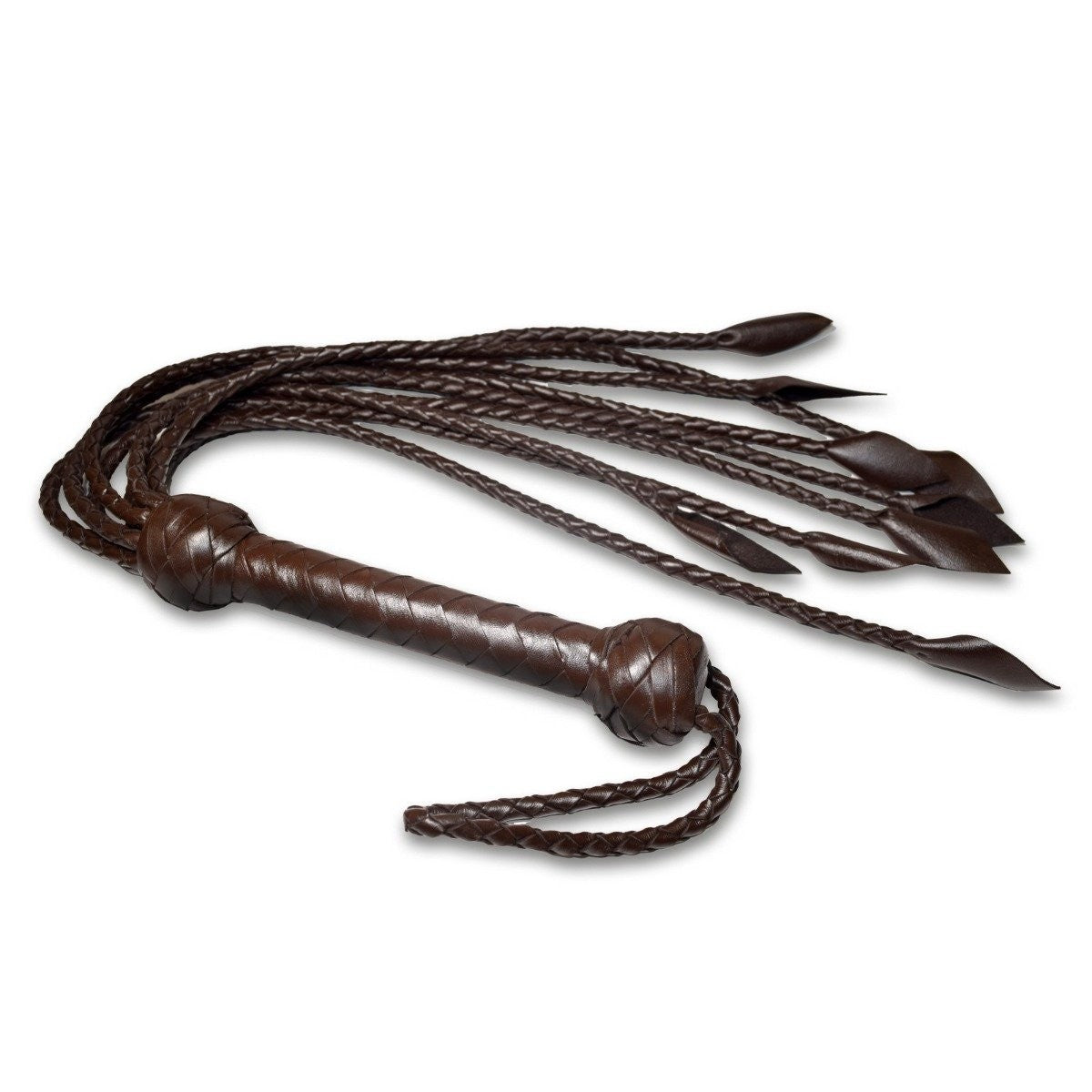 Brown leather flogger on a white background
