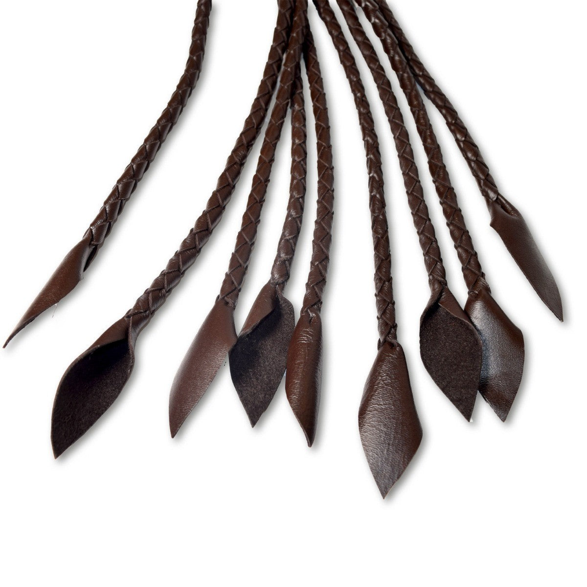 Set of braided brown leather straps on a white background