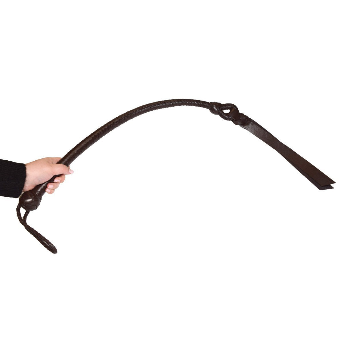 Brown leather whip held by a hand on a white background