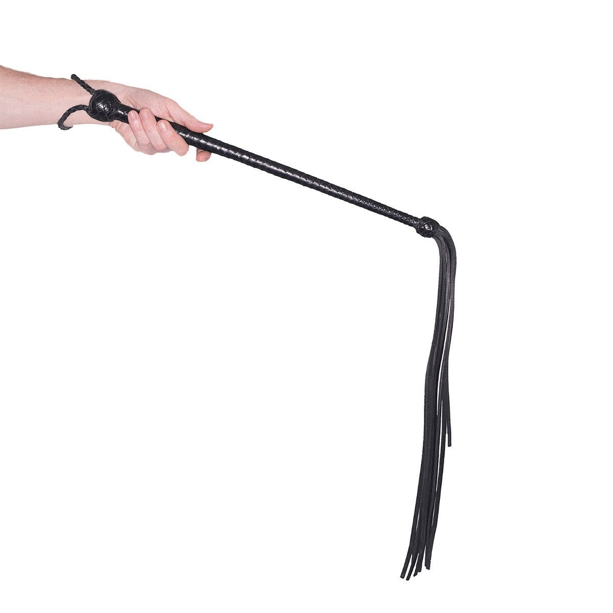 Black leather whip held by a hand on a white background