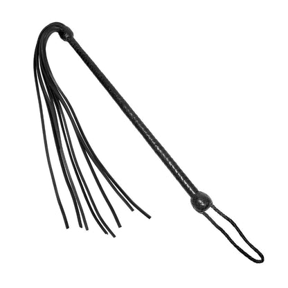 Black leather flogger on a white background