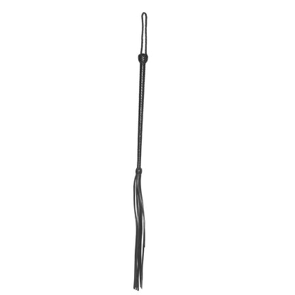 Black leather whip on a white background