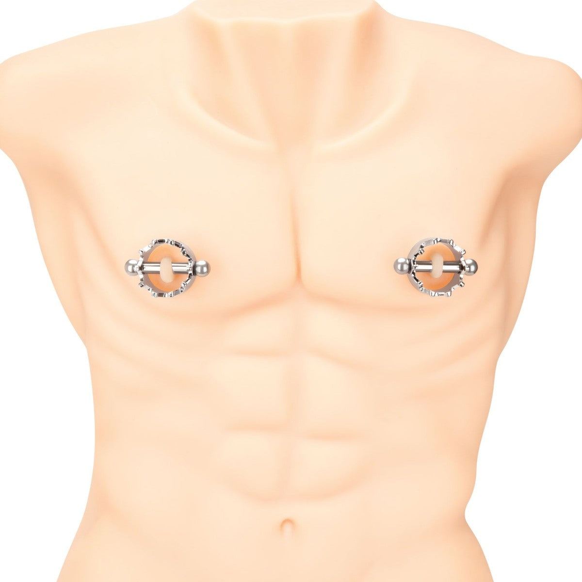 Silver circular nipple clamps on a mannequin bust