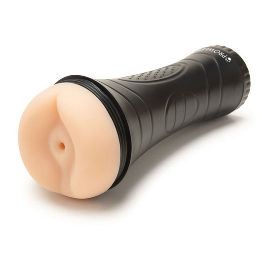 Black and beige masturbator product on a white background