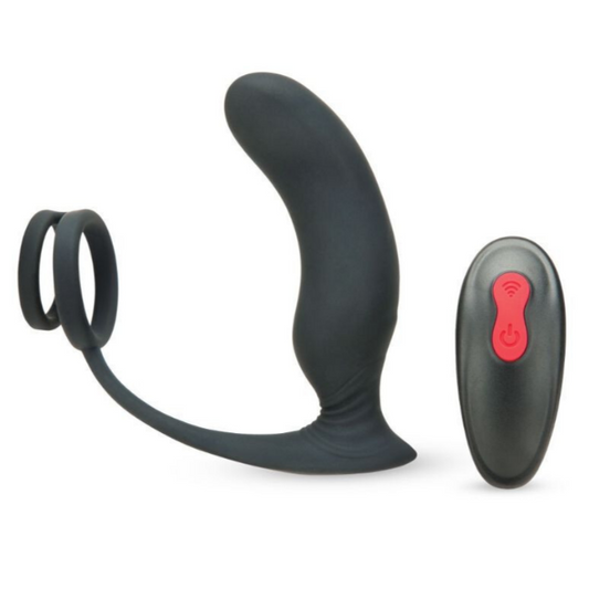 Black silicone prostate device with a remote control on a white background