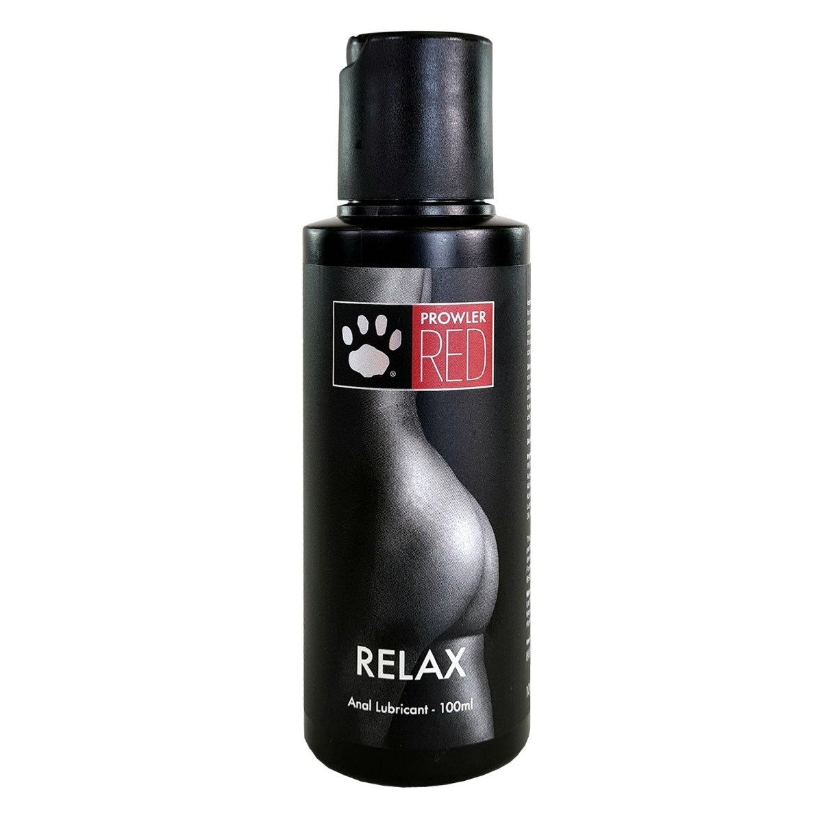 Black bottle of Prowler Red Relax anal lubricant on a white background