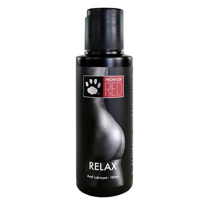 Black bottle of Prowler Red Relax anal lubricant on a white background