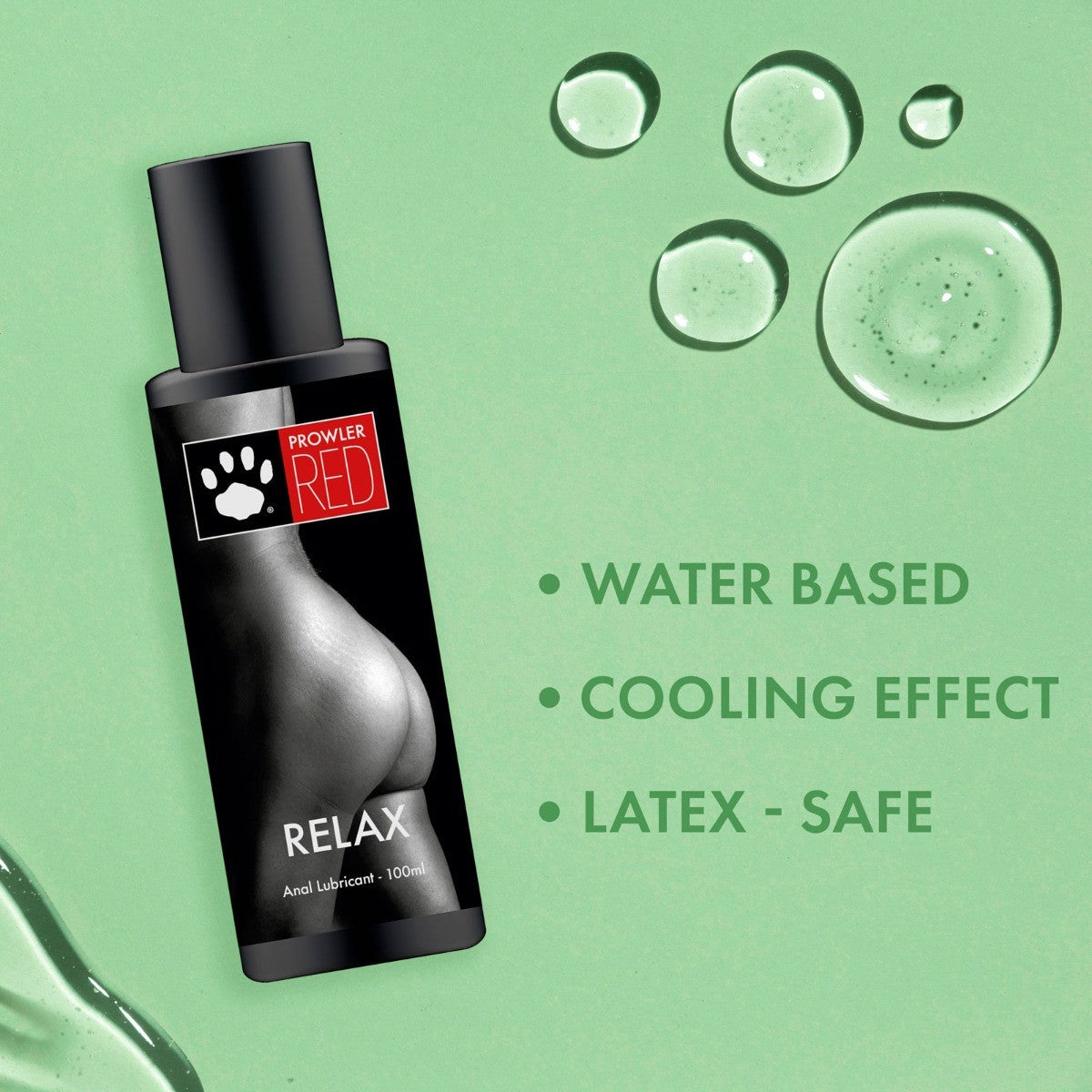 Bottle of Prowler Red Relax anal lubricant on a green background with water droplets.