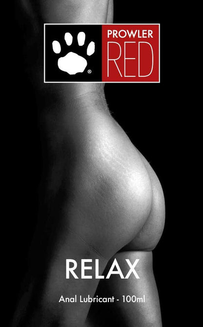 Product packaging for 'Prowler Red Relax Anal Lubricant' with a black background and visible branding.