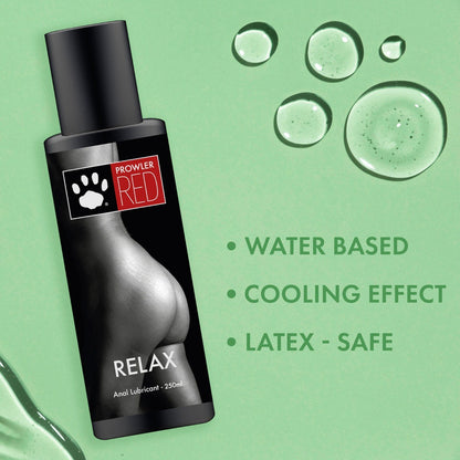 Prowler Red Relax anal lubricant bottle on a green background with product features listed.