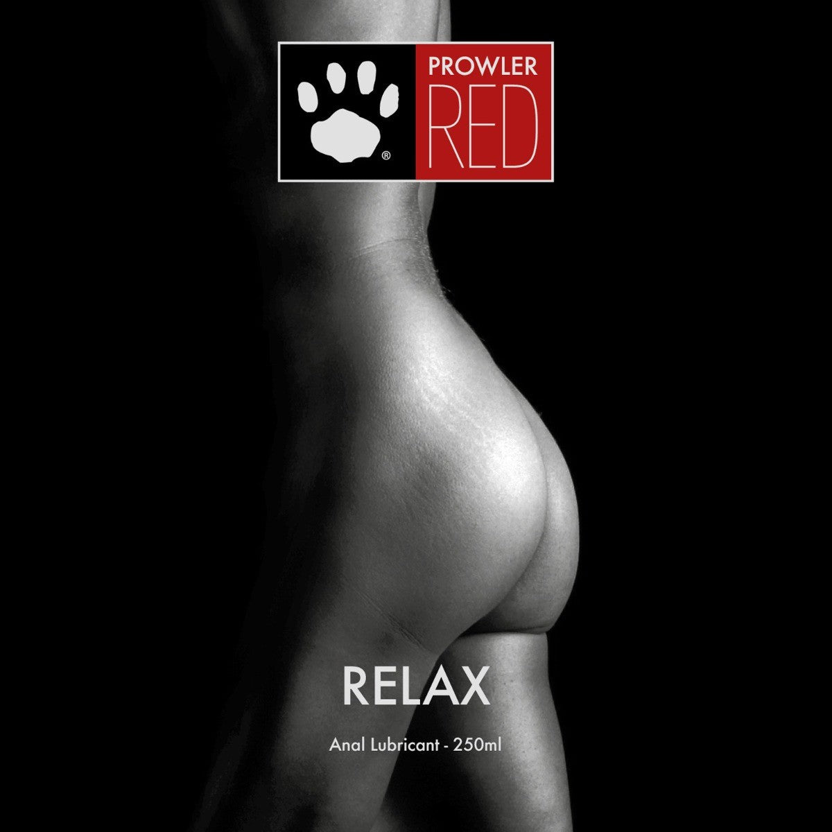 Product packaging for 'Prowler Red Relax Anal Lubricant' with a black and white image of a person's buttocks.