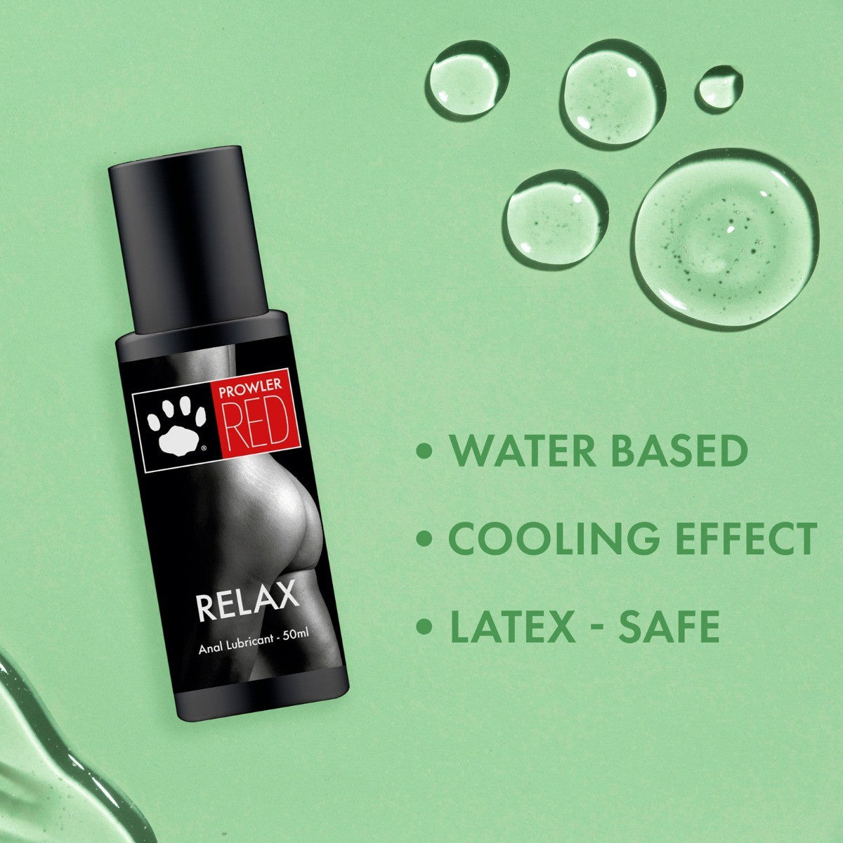 Anal lubricant bottle with water droplets on a green background
