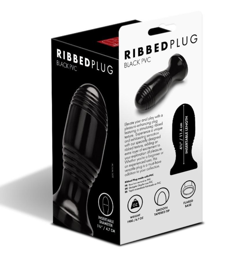 Black ribbed plug packaging with product image and text on a white background
