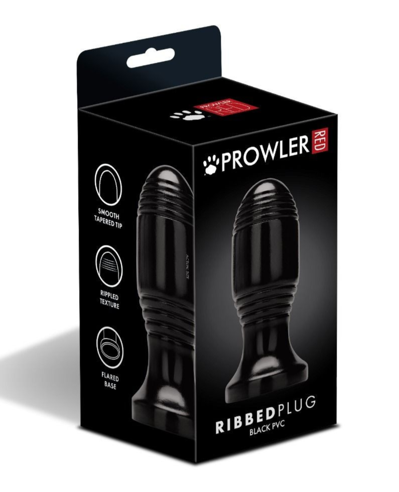 Black ribbed anal plug packaging with Prowler branding on a white background