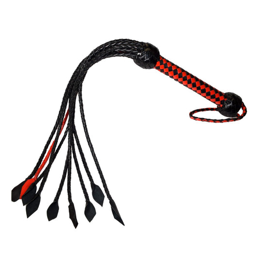 Black and red flogger with checkered pattern on a white background