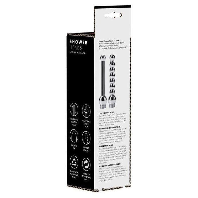 Packaging of shower heads with black and white design on a white background