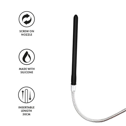 Black and silver flexible tube with features labeled on a white background