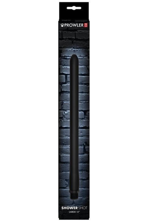 Black shower shot with packaging against a white background