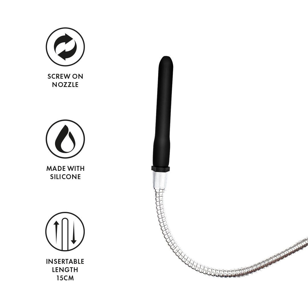 Black flexible tube with screw-on nozzle on a white background