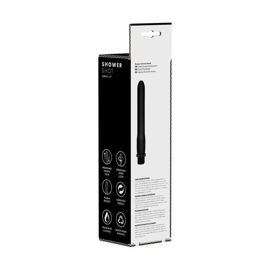 Black and white packaging of a shower shot product on a white background