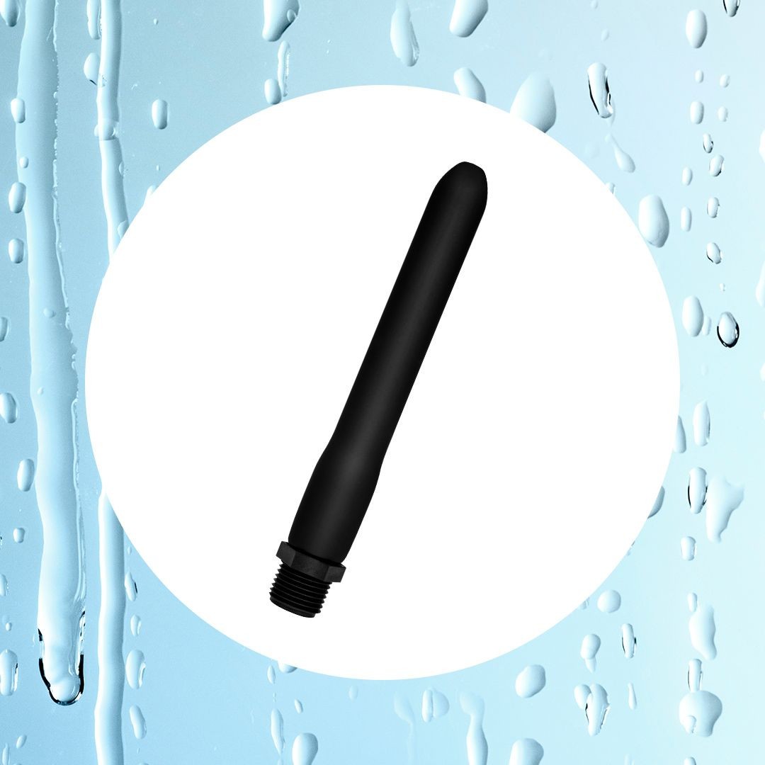 Black shower nozzle on a blue background with water droplets