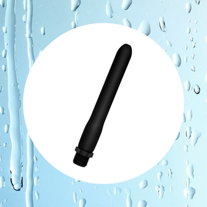 Black shower nozzle on a blue background with water droplets