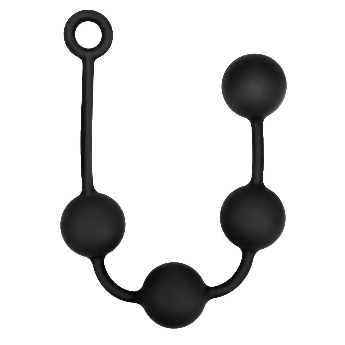 Black silicone anal beads with four spherical balls on a white background