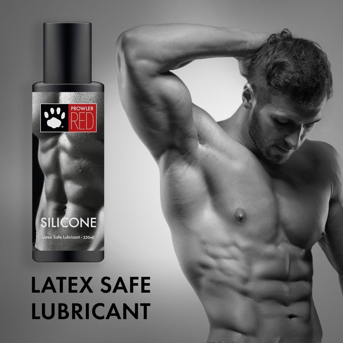 Silicone lubricant bottle with a man flexing muscles on a gray background