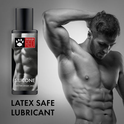 Silicone lubricant bottle with a man flexing muscles on a gray background