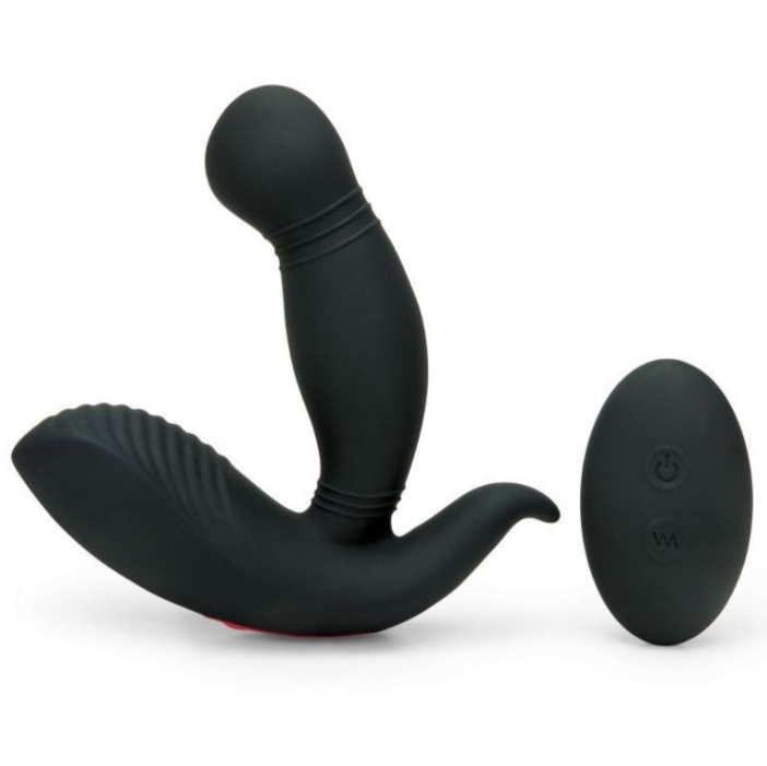 Black silicone butt plug with remote control on a white background